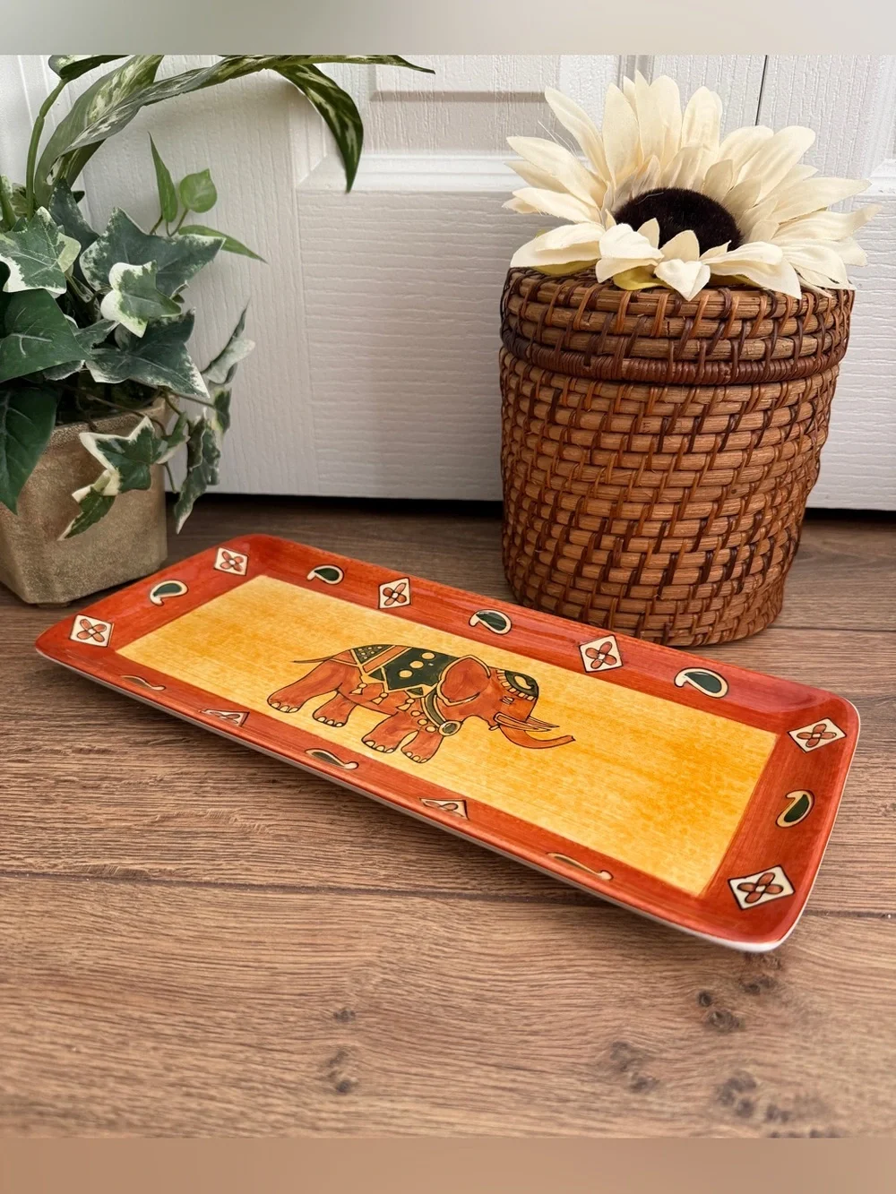 Vintage Pier 1 Imports Ceramic Terracotta Elephant Pattern Serving Platter